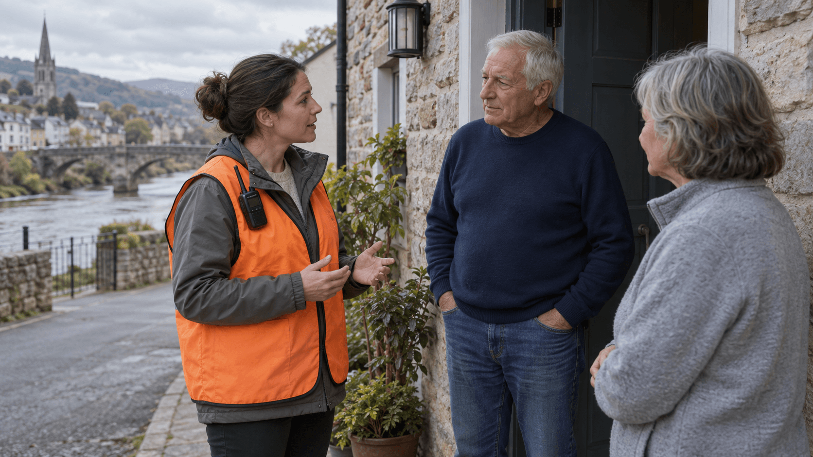 Illustration of a community volunteer discussing an early warning with two older residents at their doorway