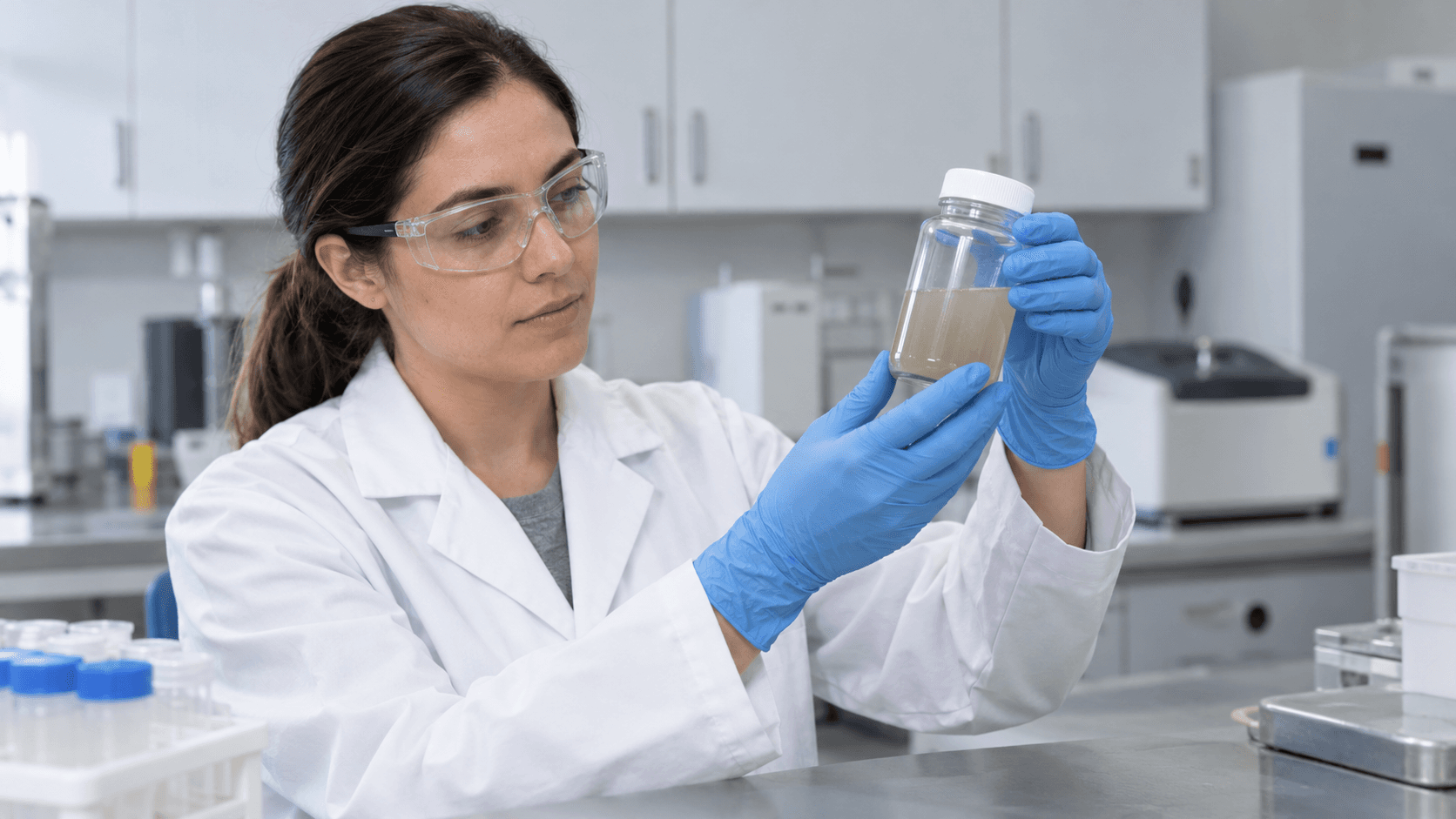 A laboratory technician examining a sealed bottle of cloudy environmental sample liquid