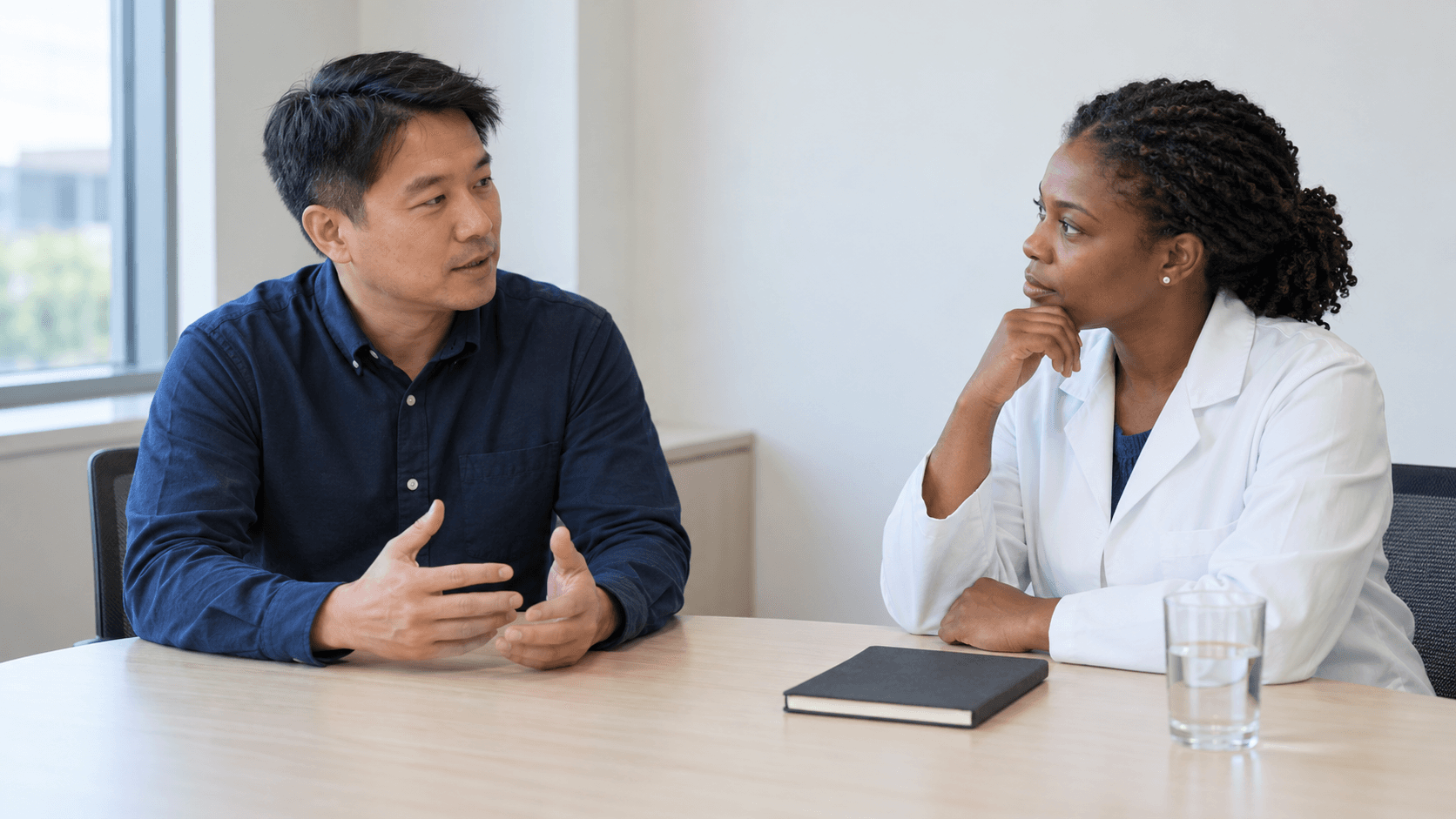 A laboratory scientist and a public-health colleague discussing work at a meeting table