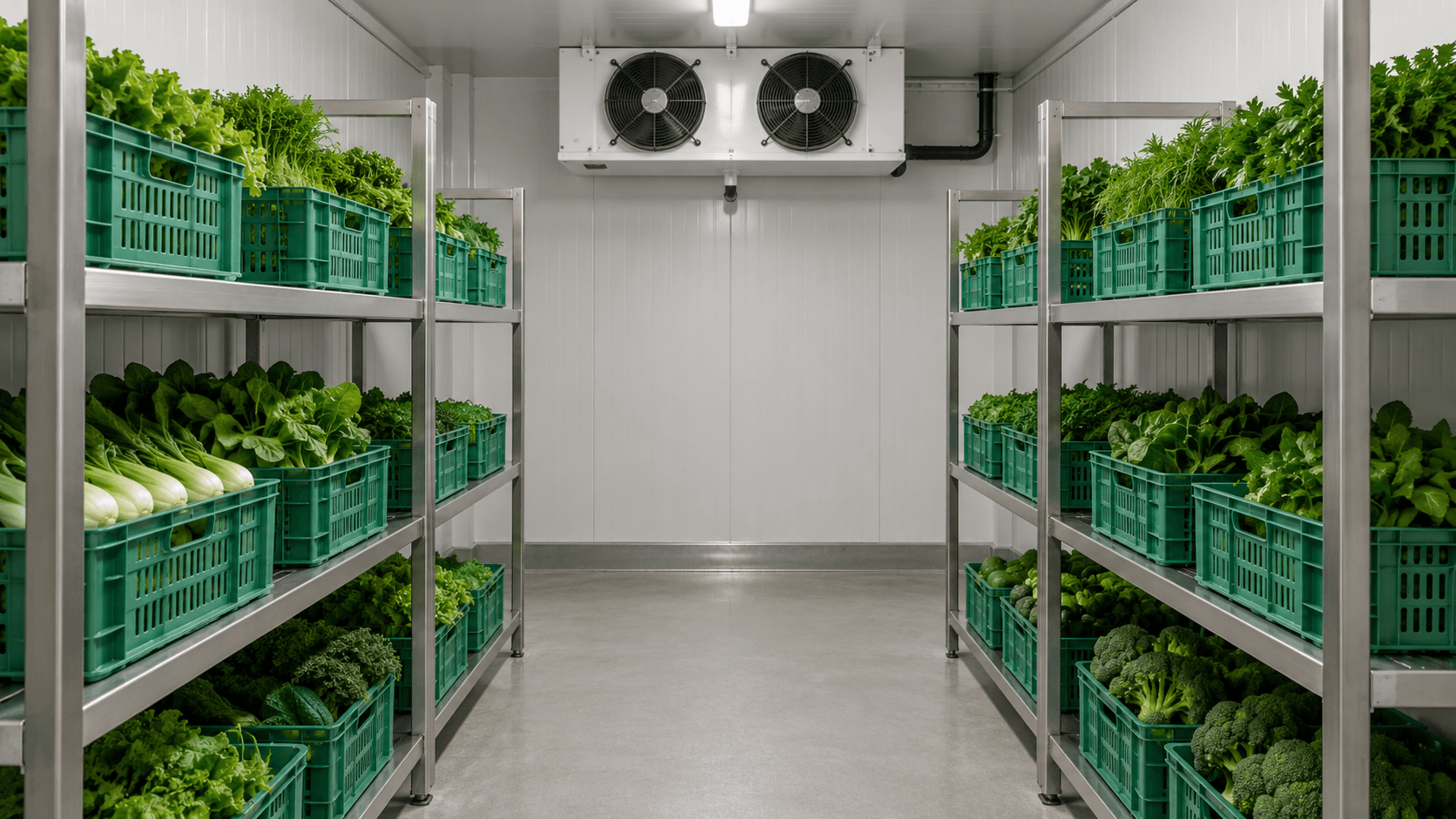 Ventilated vegetable crates on open shelves inside an insulated cold room