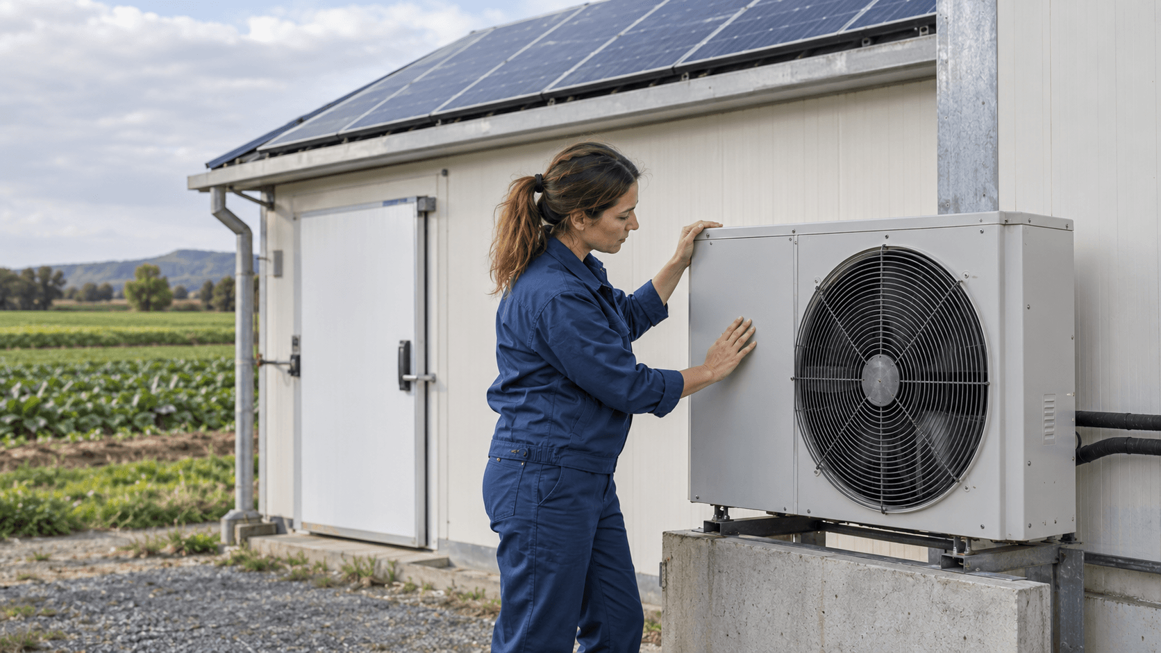 A technician inspecting an outdoor refrigeration unit beneath rooftop solar panels