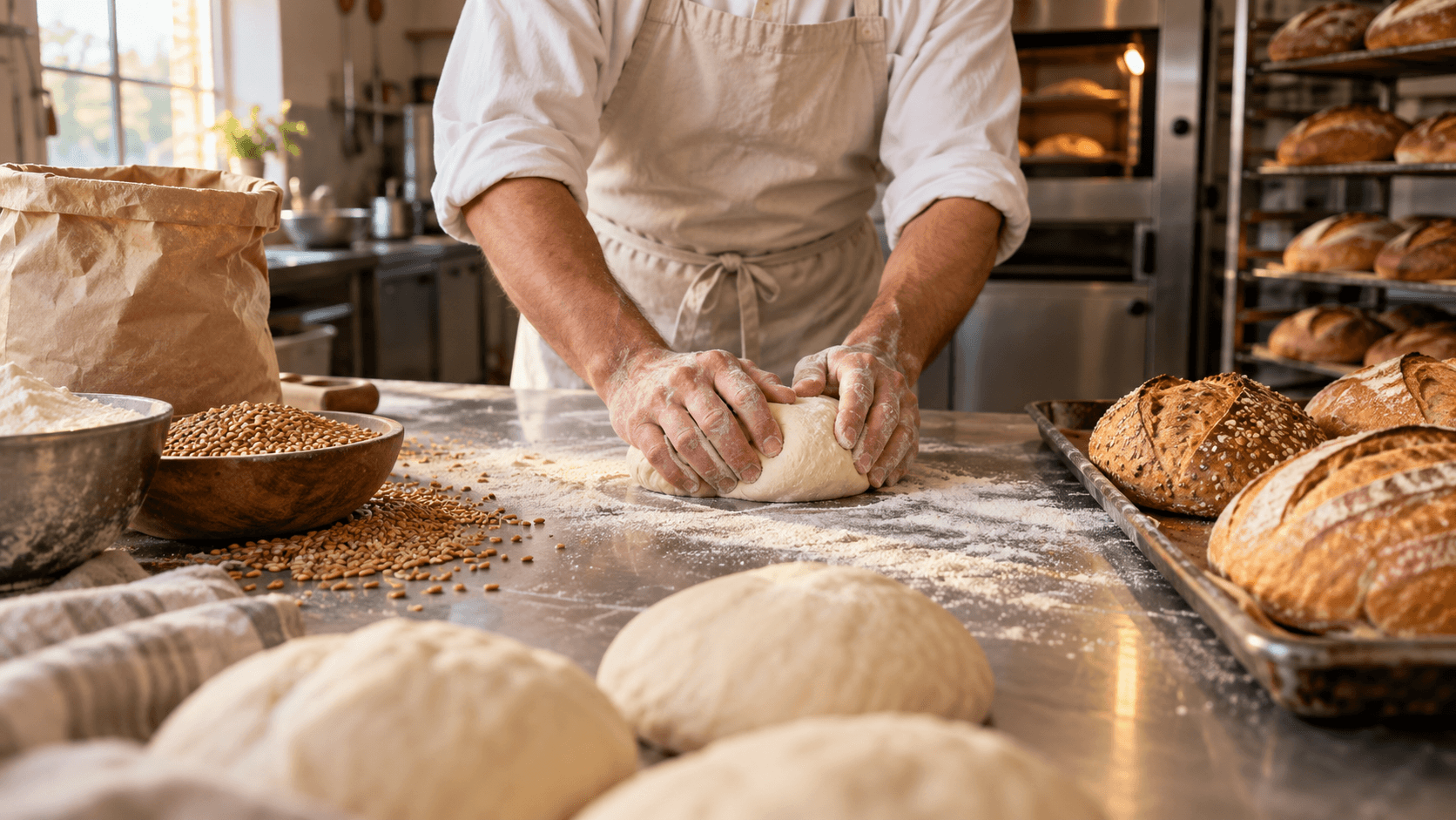 A baker shaping dough beside flour and trays of finished bread