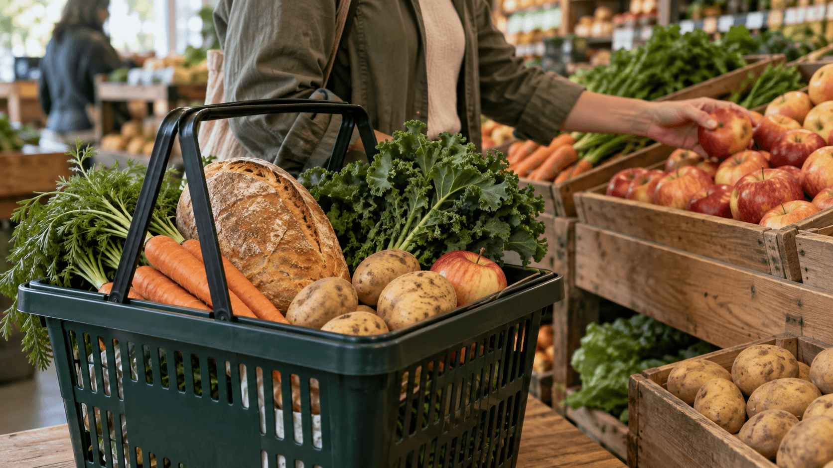 A shopping basket of bread and vegetables beside a shopper selecting an apple
