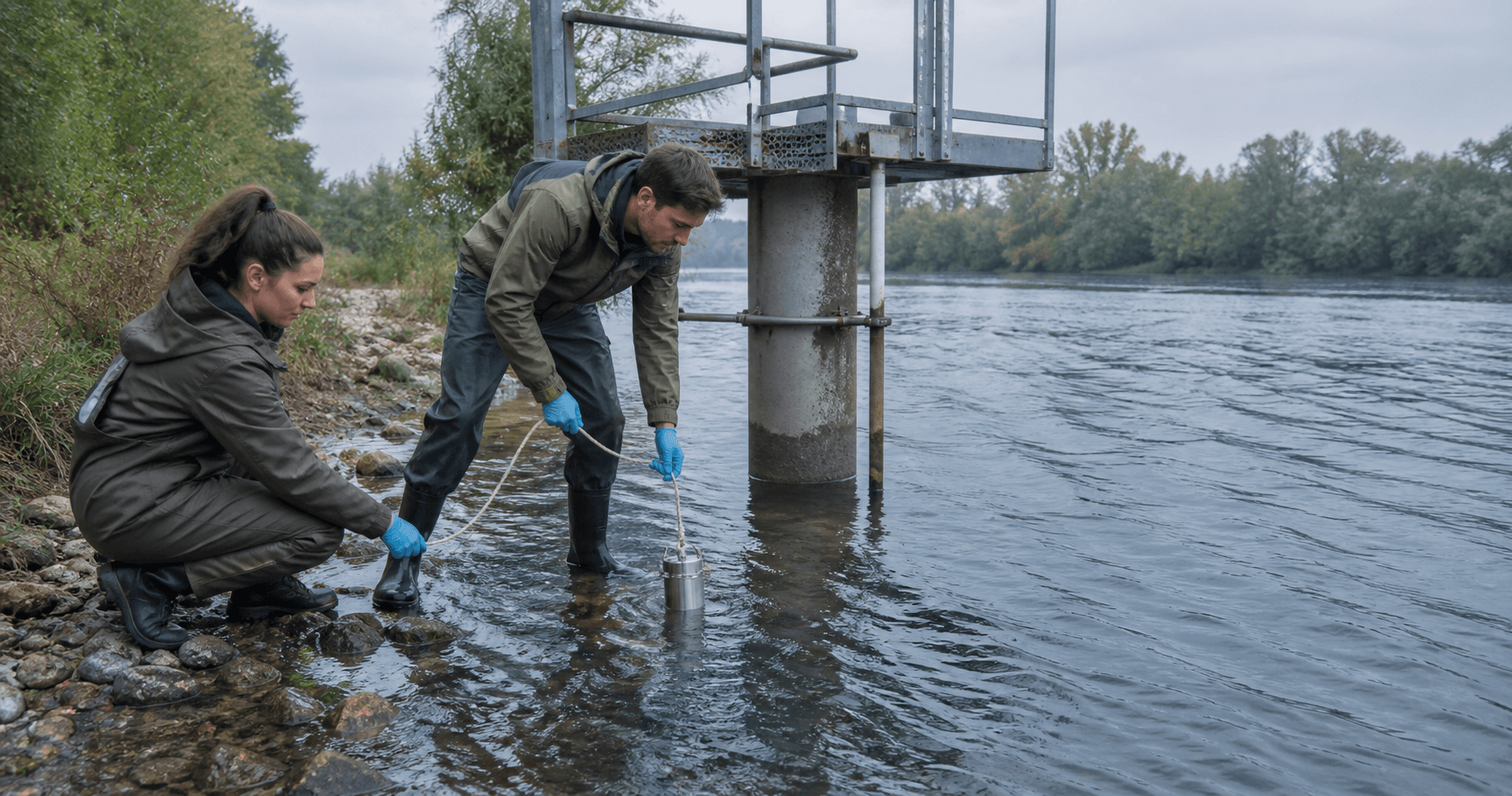 Water specialists collecting a sample beside a river gauge