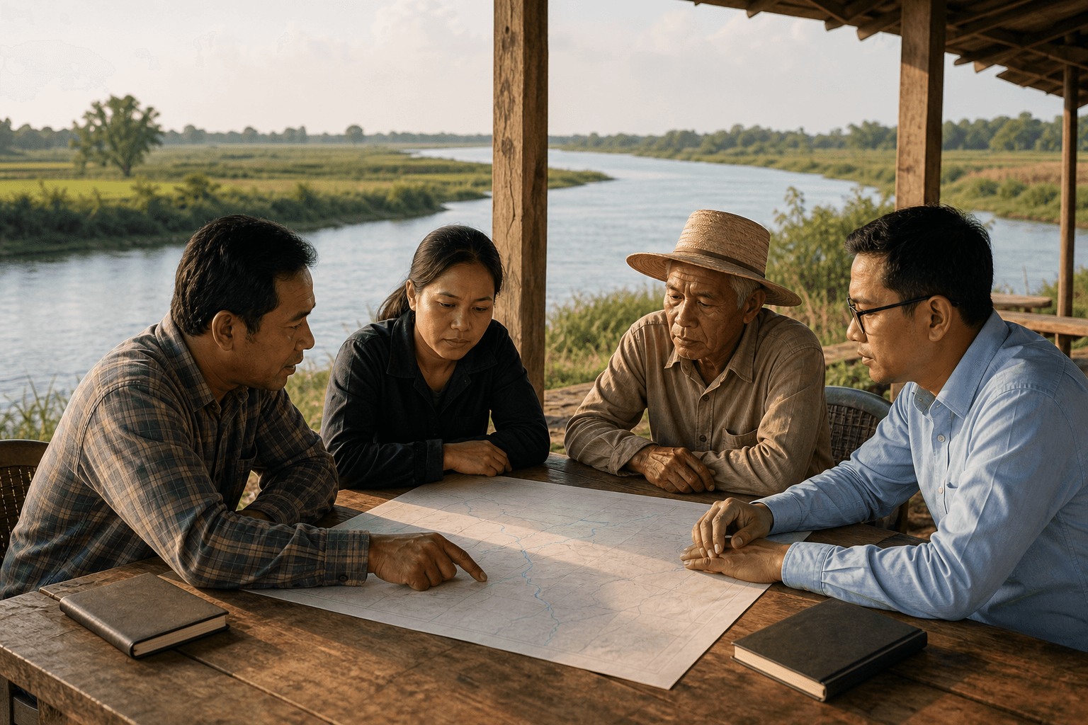 River community representatives discussing a shared basin map
