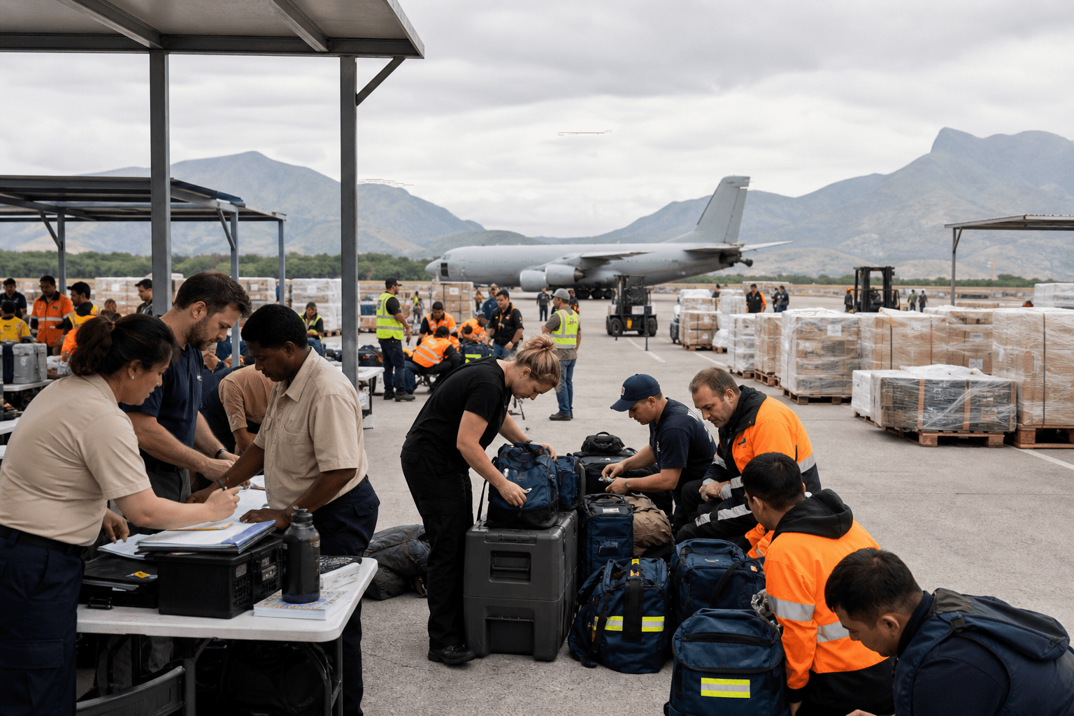 Emergency teams registering equipment at an airport relief reception point