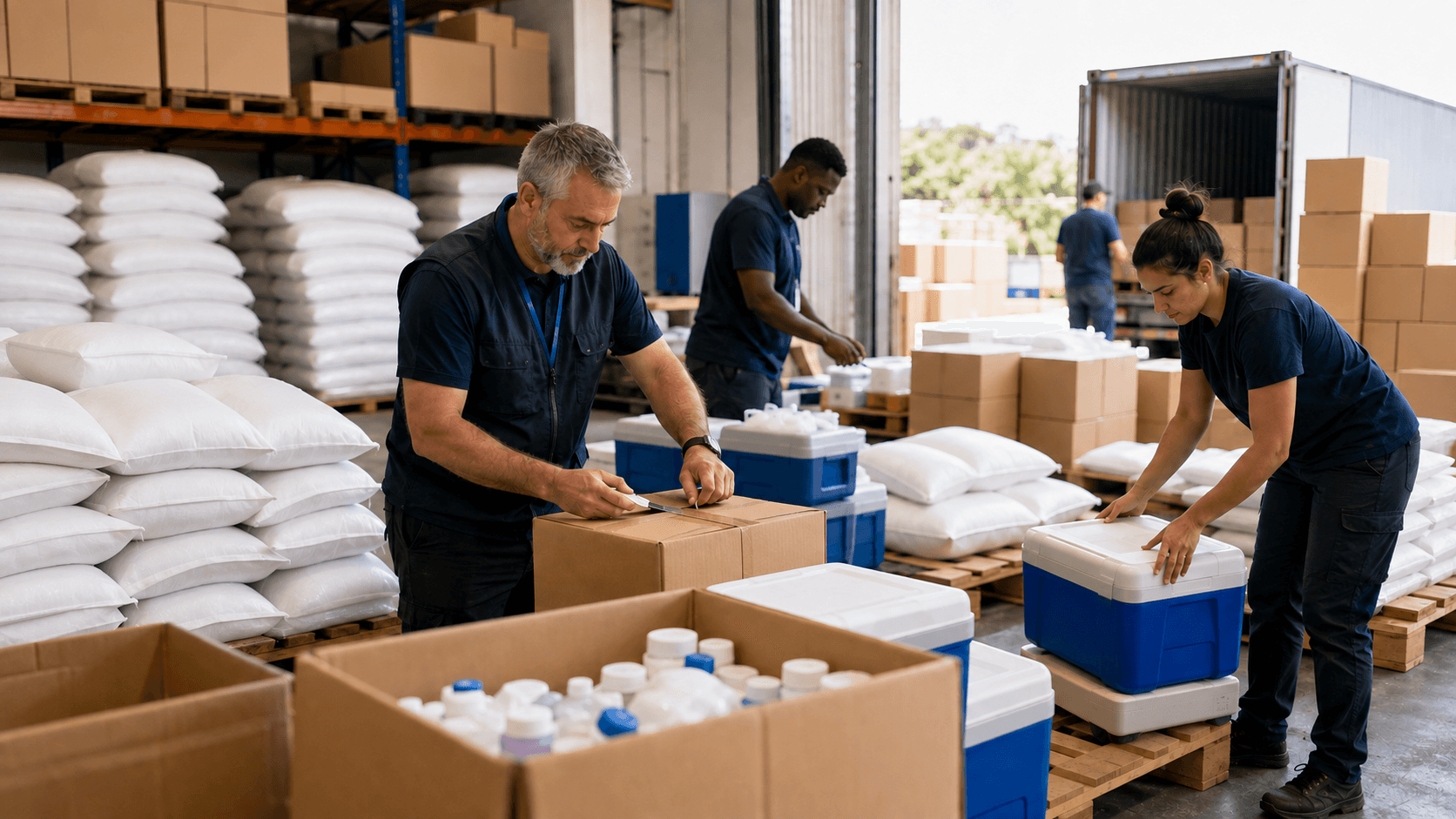Aid workers organizing plain medical coolers and food supplies in a logistics warehouse