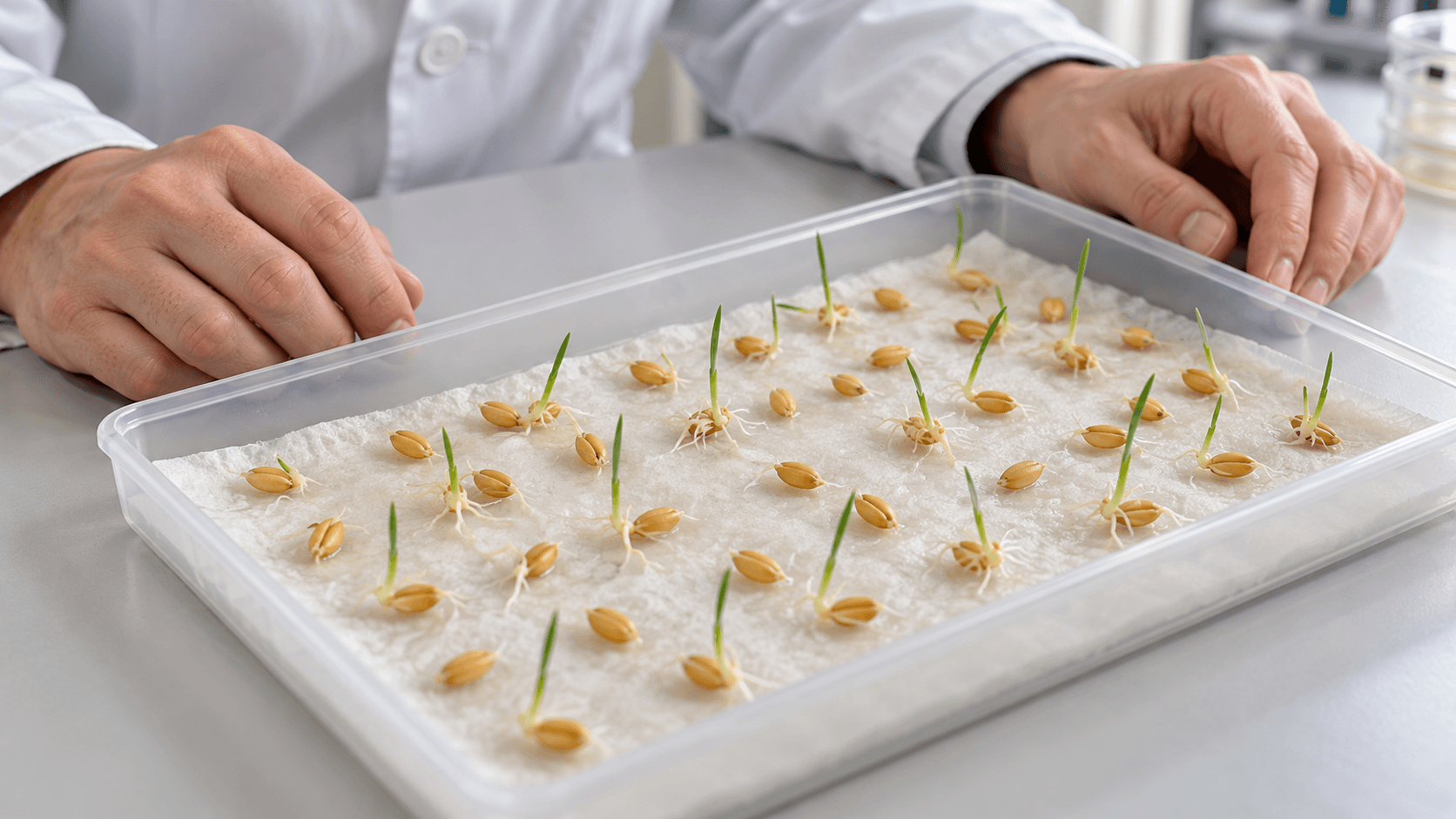Wheat grains germinating on damp paper in a laboratory test tray