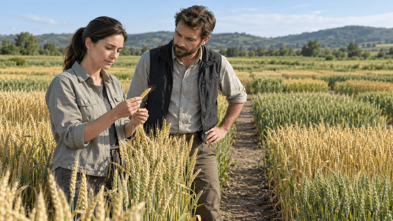 Two crop researchers examining a wheat ear beside small field trial plots