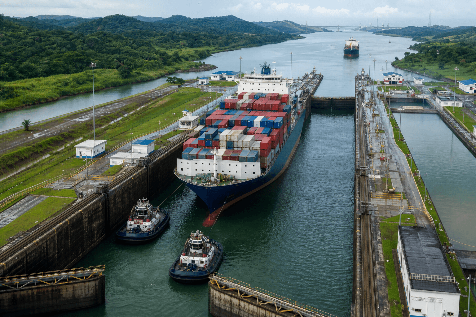 A container ship and tugboats moving through a tropical canal lock