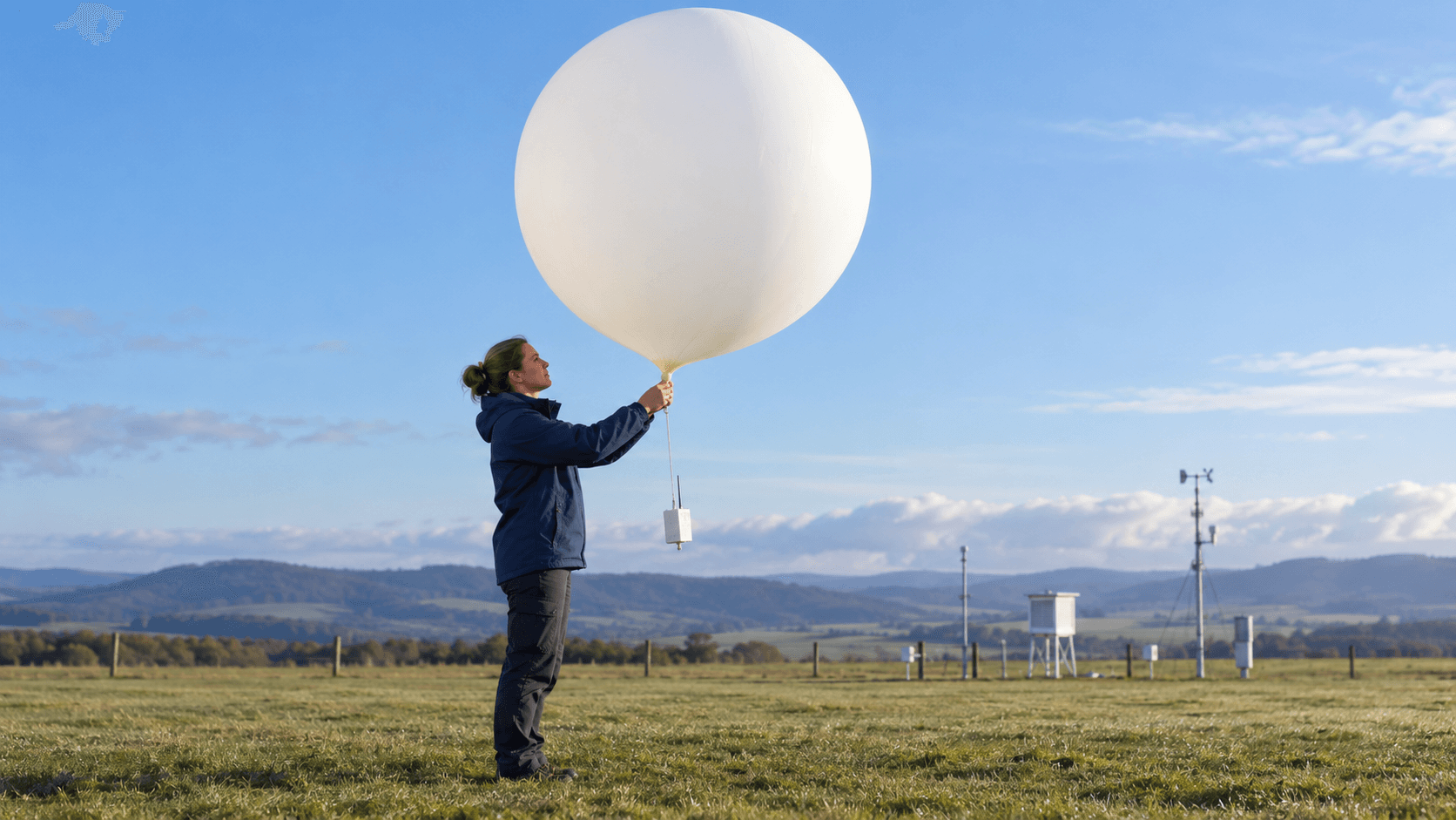 A technician preparing a white weather balloon for release at an observing station