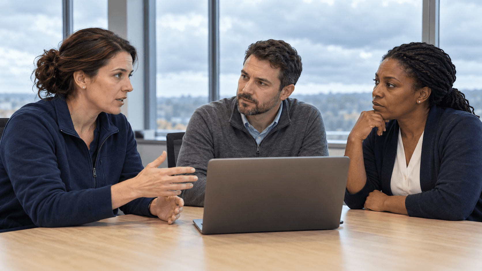 Meteorologists and an emergency planner discussing preparations around a laptop