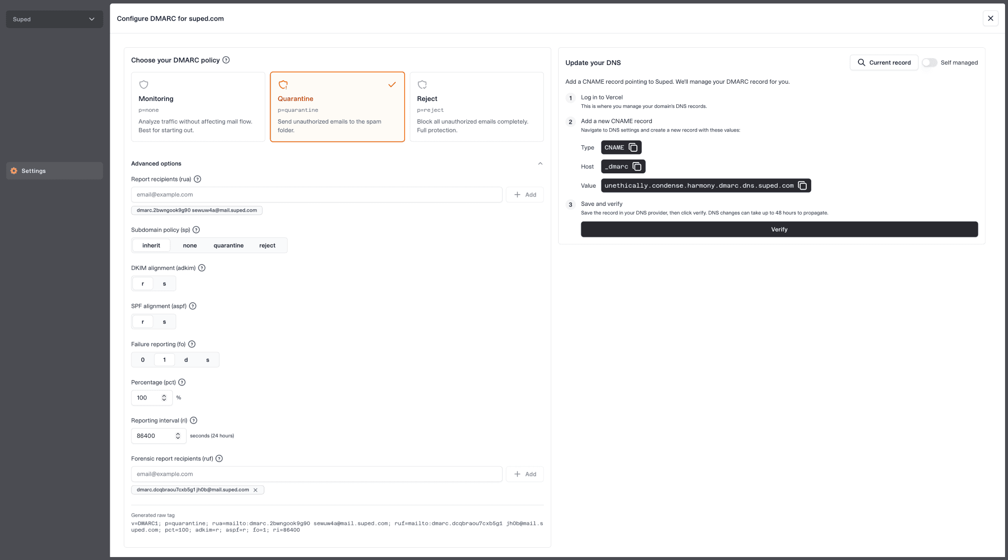 Suped hosted DMARC interface with policy staging and authorized senders management