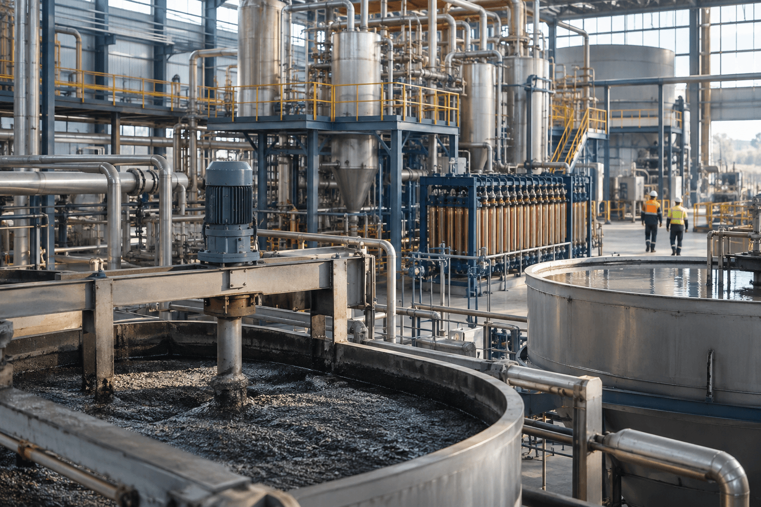 Industrial tanks and processing equipment inside a mineral refining facility