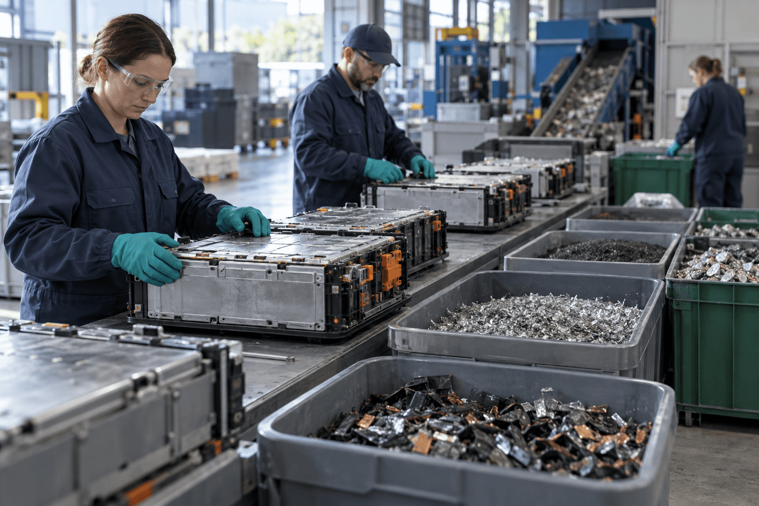 Workers handling used battery modules and recovered material in an orderly recycling facility