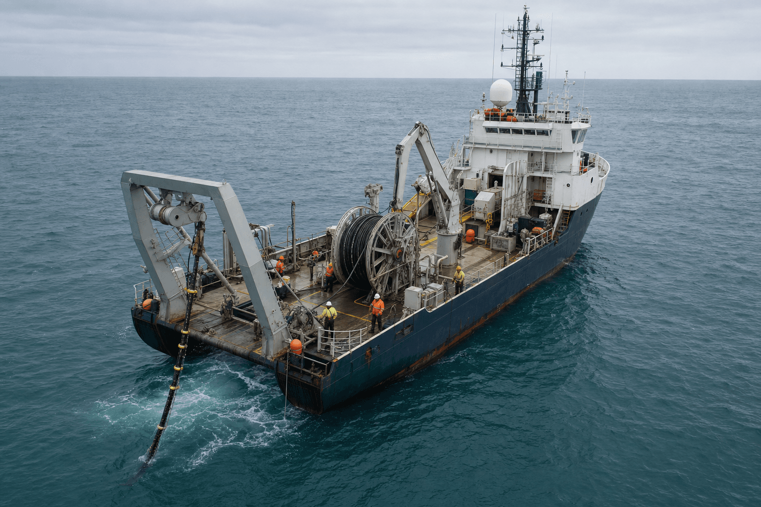 A cable repair vessel lifting a submarine telecommunications cable from the ocean