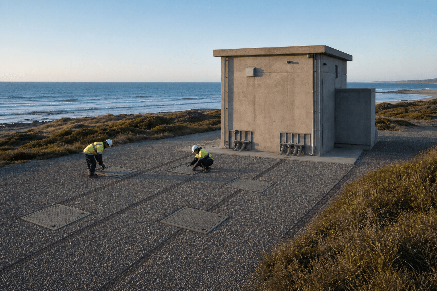 Technicians inspect access points at a coastal cable landing station
